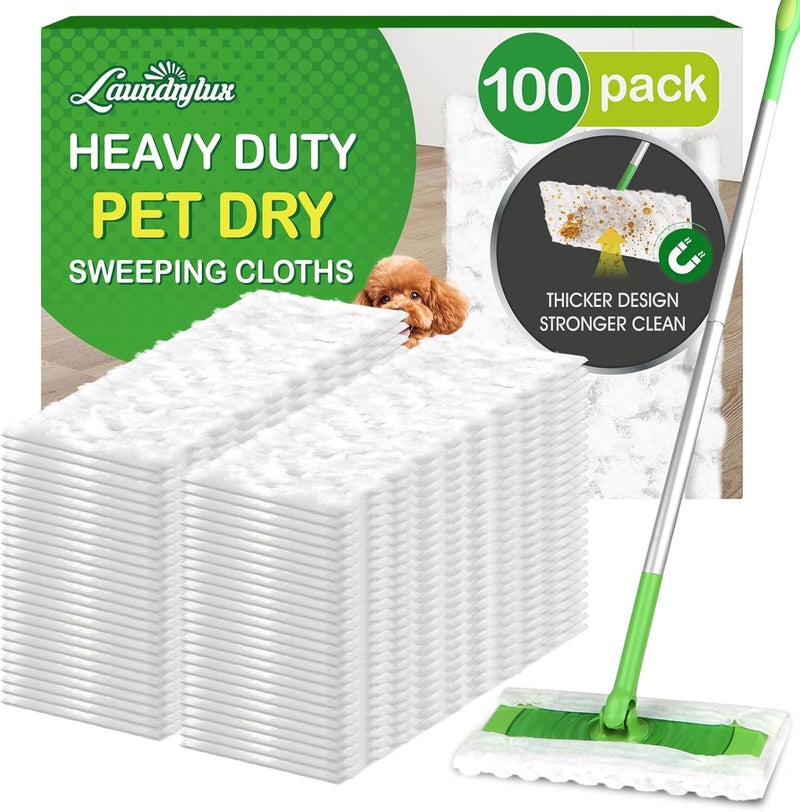 LAUNDRYLUX Heavy Duty Dry Sweeping Cloths Refills Compatible with Swiffer Sweeper, Multi Surface Pet Dry Pads Refill, Floor Cleaner for Dust, Hair, Dirt, Disposable Duster Mop Pad - 100 Count - Image 1